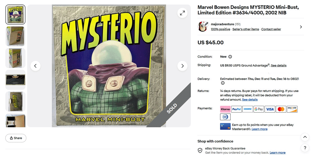 eBay SOLD Marvel Bowen Designs MYSTERIO Mini Bust